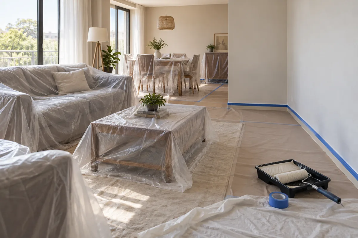 Boya öncesinde mobilyaları ve zemini koruyucu örtülerle hazırlanmış salon