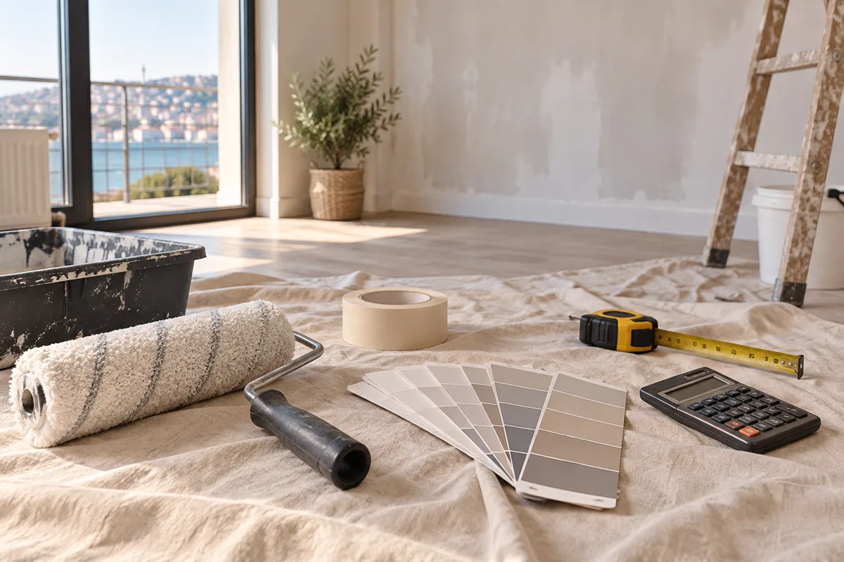 Boya teklifi hazırlığı için renk kartelası, ölçü aleti ve boya ekipmanları