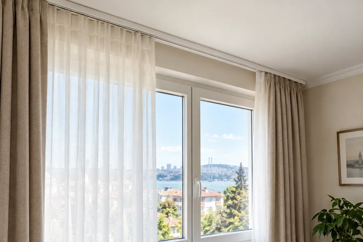 Aydınlık bir odada tavana monte beyaz korniş ile tül ve fon perde