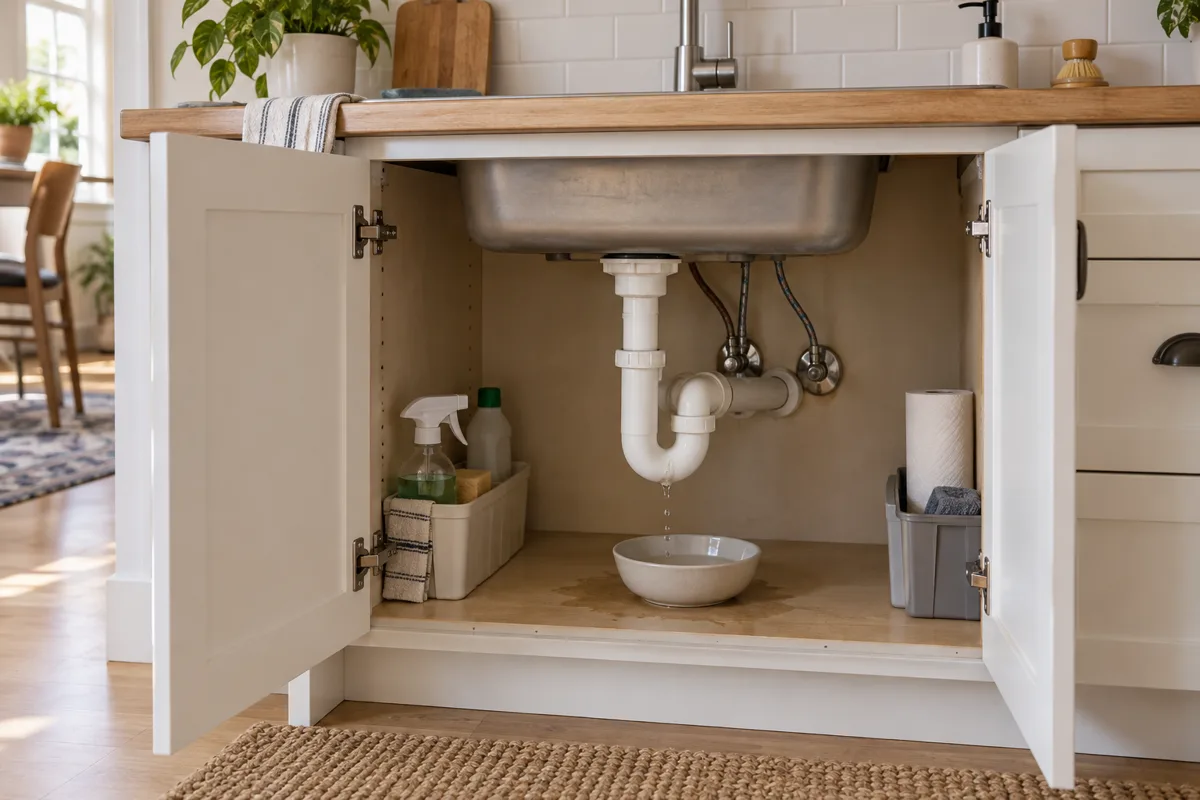 Lavabo altındaki dolapta görülen küçük su sızıntısı ve damlaları toplayan kap